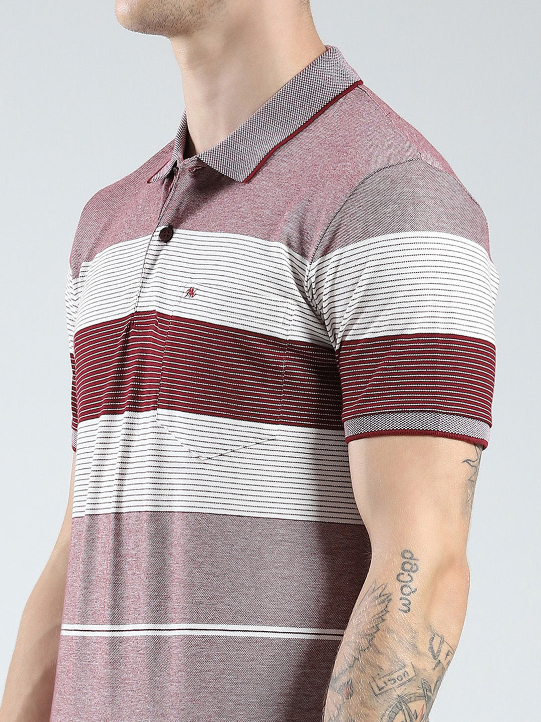 Men Maroon Stripe Collar Half Sleeve T-Shirt