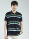 Men Navy Blue Stripe Collar Half Sleeve T-Shirt