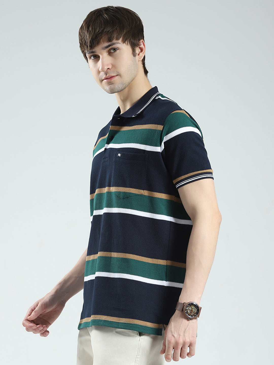 Men Navy Blue Stripe Collar Half Sleeve T-Shirt