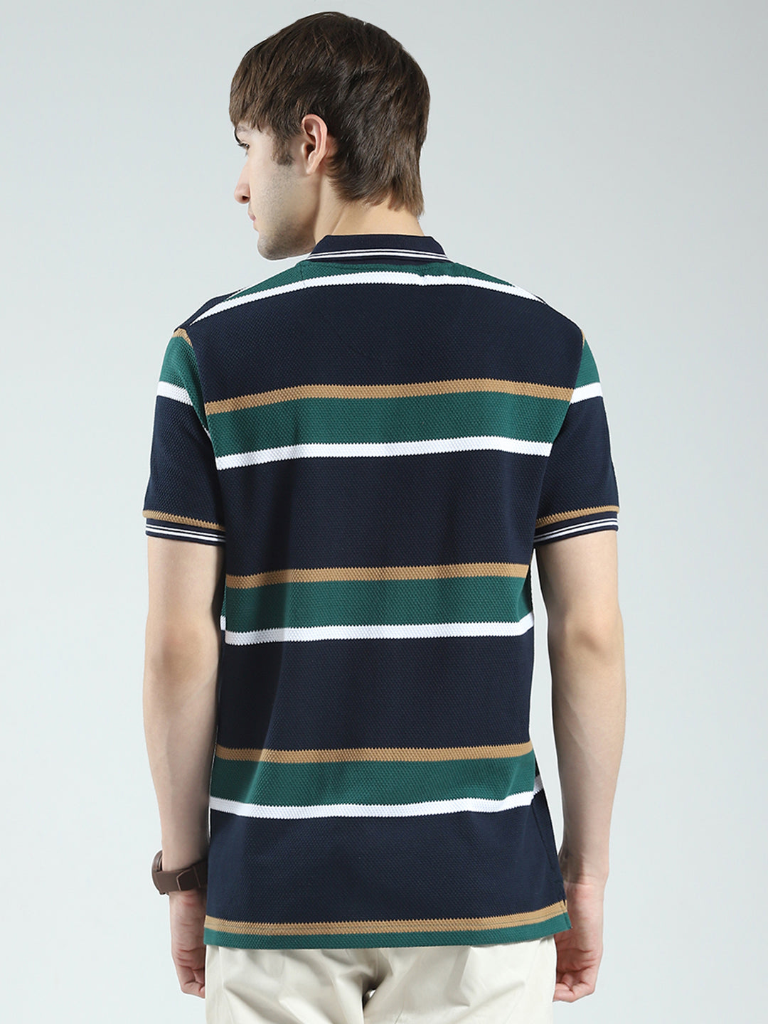 Men Navy Blue Stripe Collar Half Sleeve T-Shirt