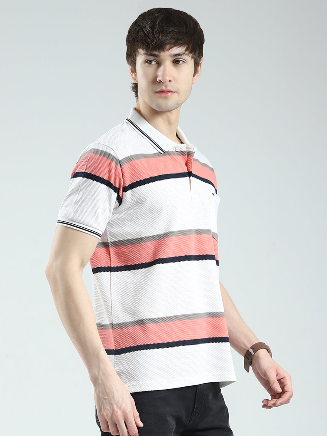 Men White & Orange Stripe Collar Half Sleeve T-Shirt