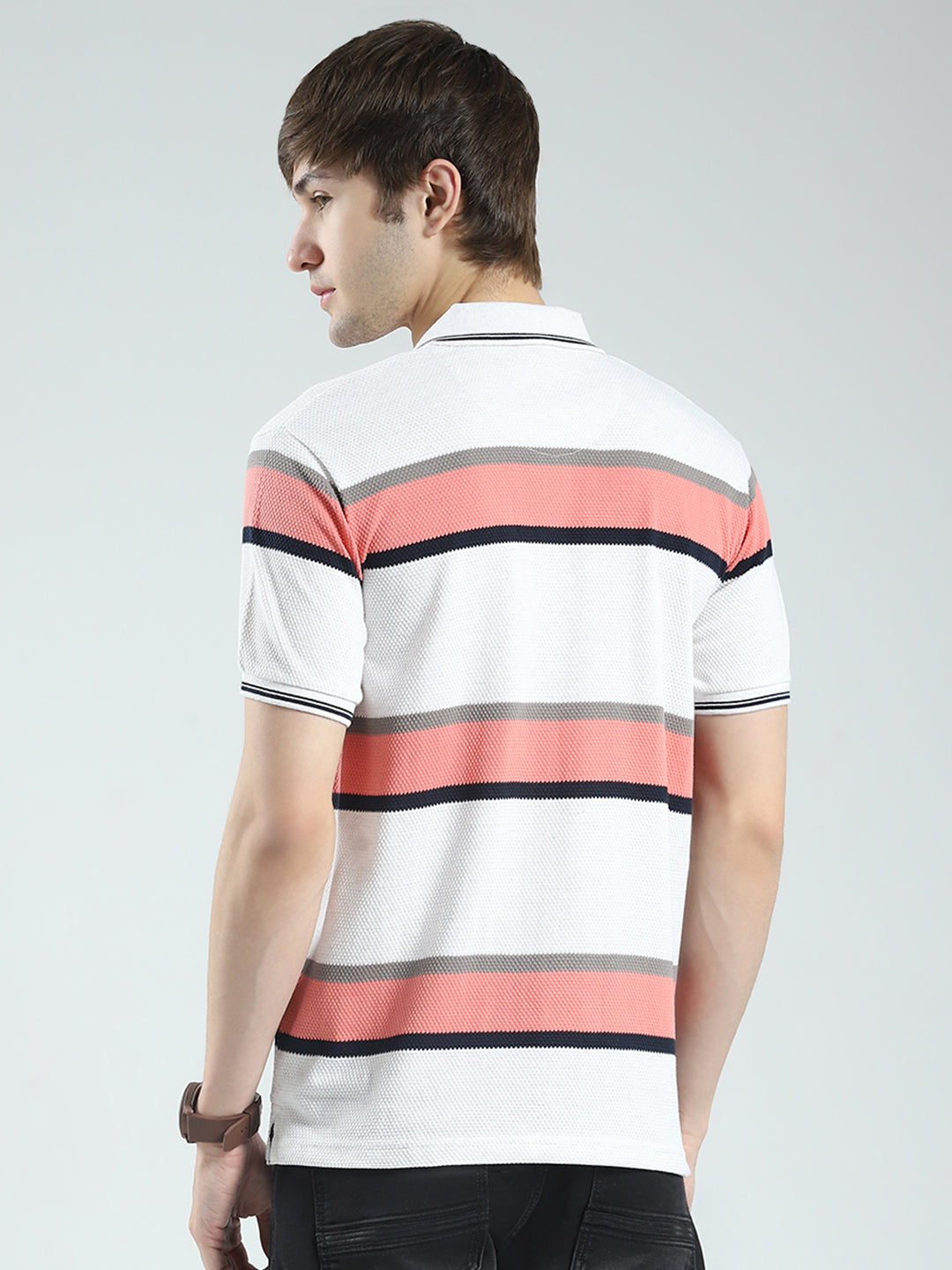 Men White & Orange Stripe Collar Half Sleeve T-Shirt