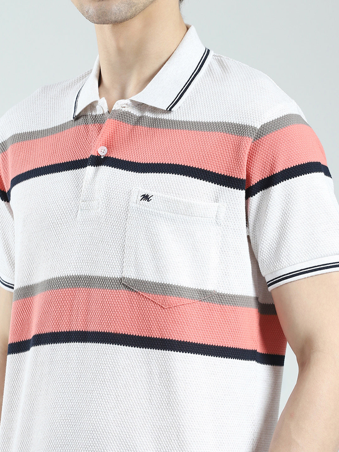 Men White & Orange Stripe Collar Half Sleeve T-Shirt