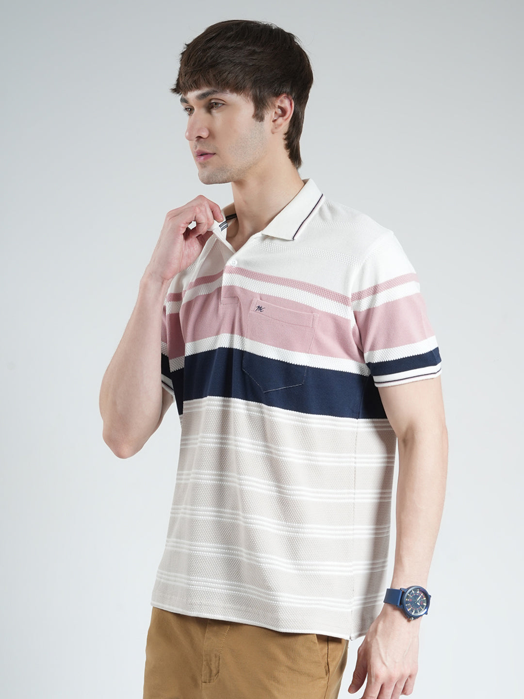 Men White & Pink Stripe Collar Half Sleeve T-Shirt