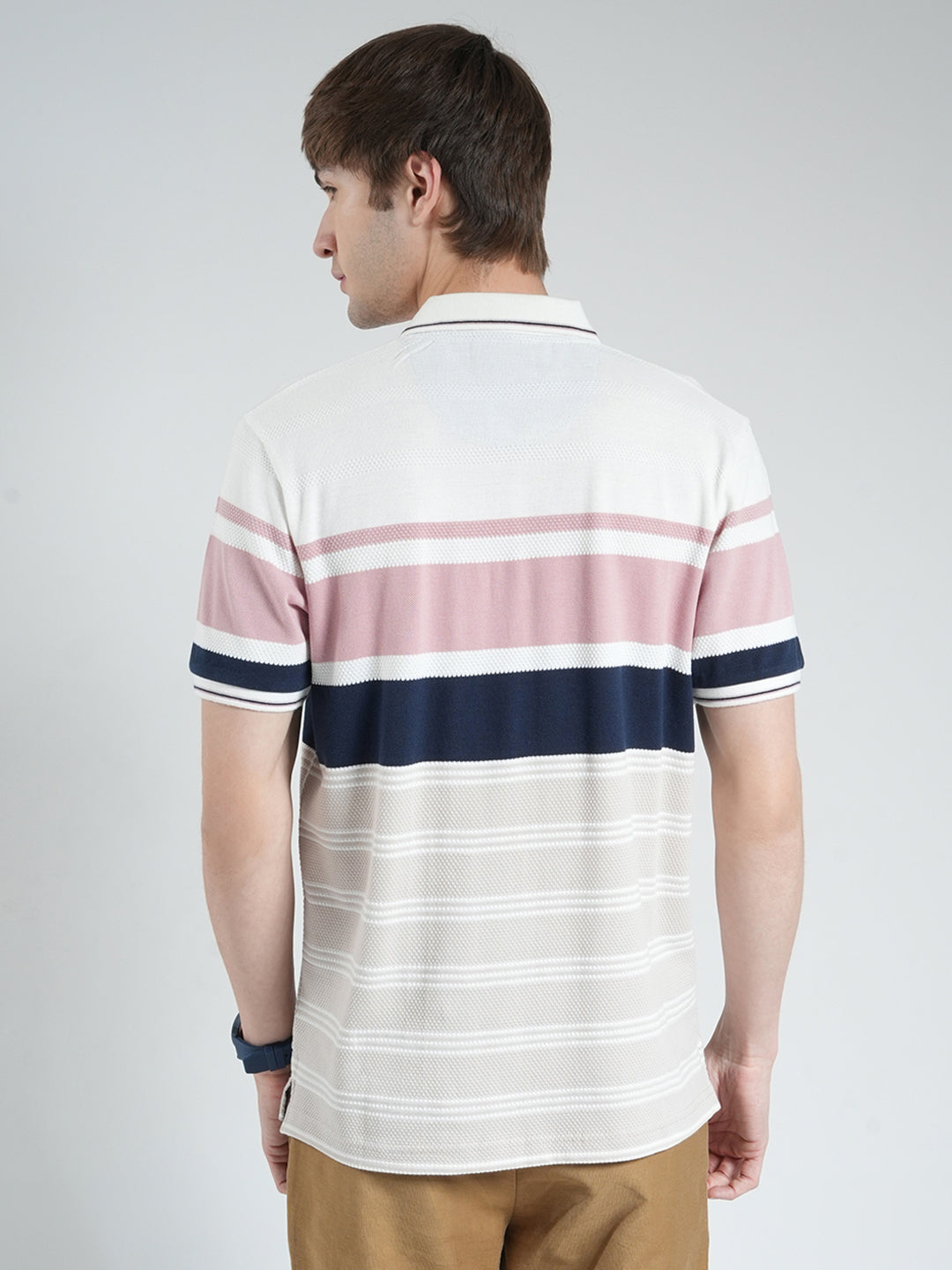 Men White & Pink Stripe Collar Half Sleeve T-Shirt
