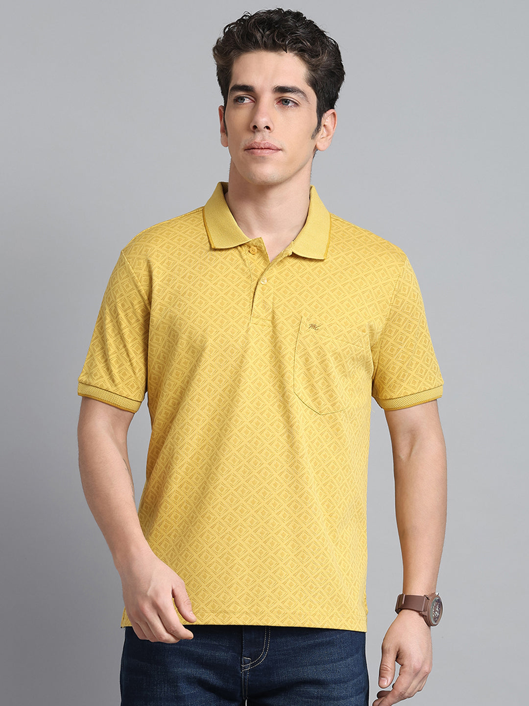 Buy Men Yellow Printed Collar Half Sleeve T-Shirt Online in India ...