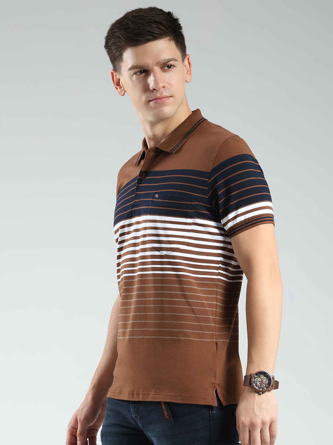 Men Brown Stripe Collar Half Sleeve T-Shirt