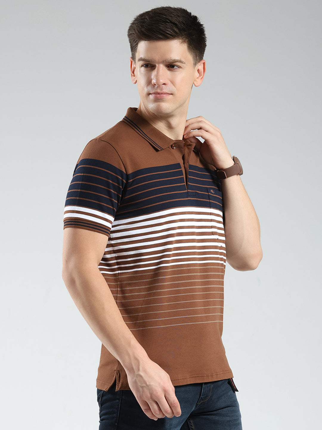 Men Brown Stripe Collar Half Sleeve T-Shirt