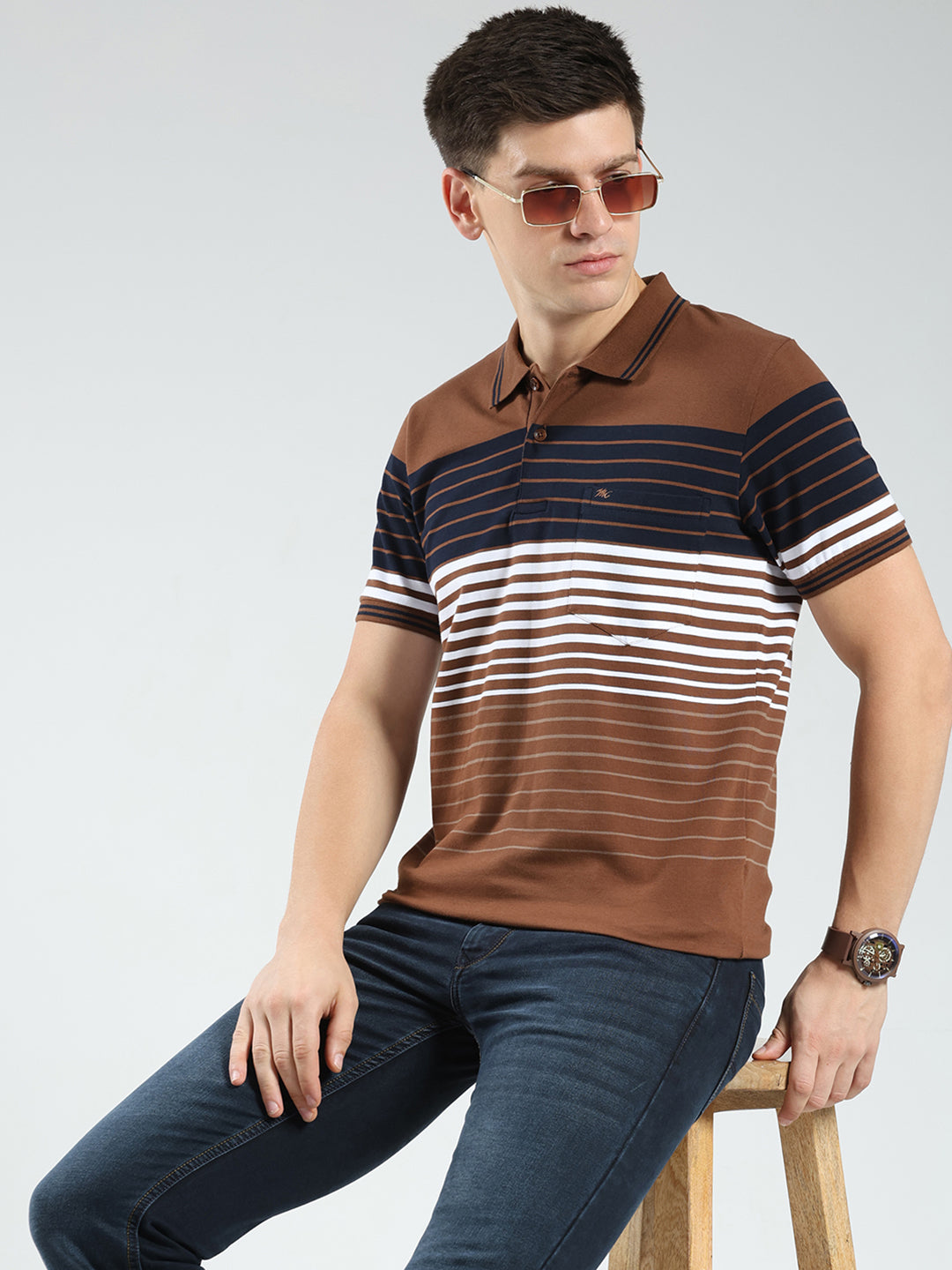 Men Brown Stripe Collar Half Sleeve T-Shirt