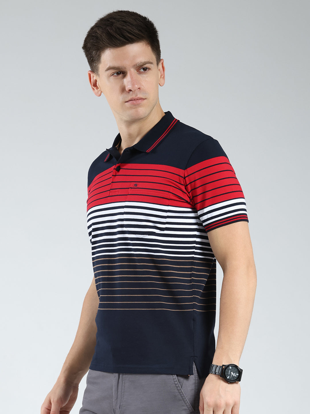 Men Navy Blue Stripe Collar Half Sleeve T-Shirt