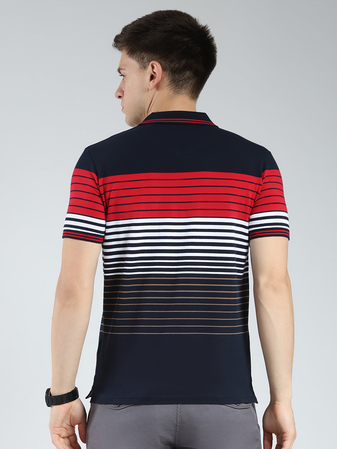 Men Navy Blue Stripe Collar Half Sleeve T-Shirt