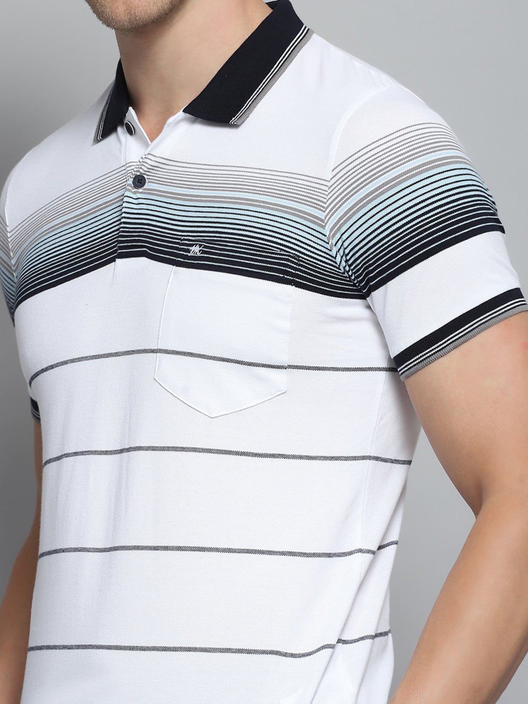 Men White Stripe Collar Half Sleeve T-Shirt