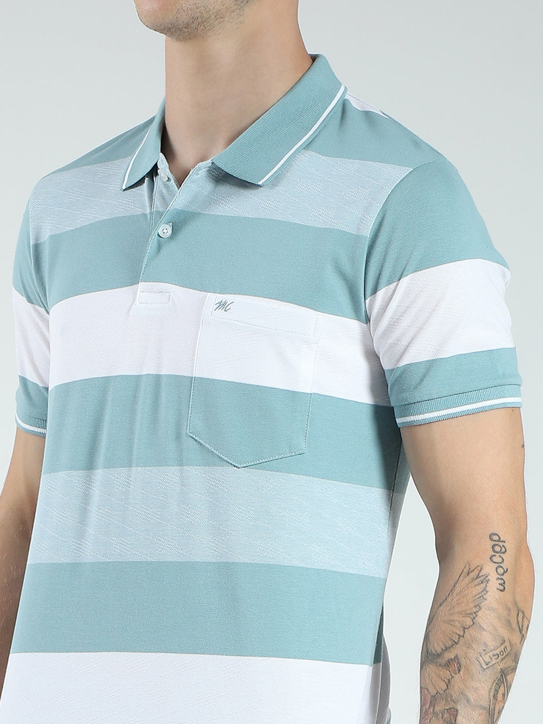 Men Green Stripe Collar Half Sleeve T-Shirt