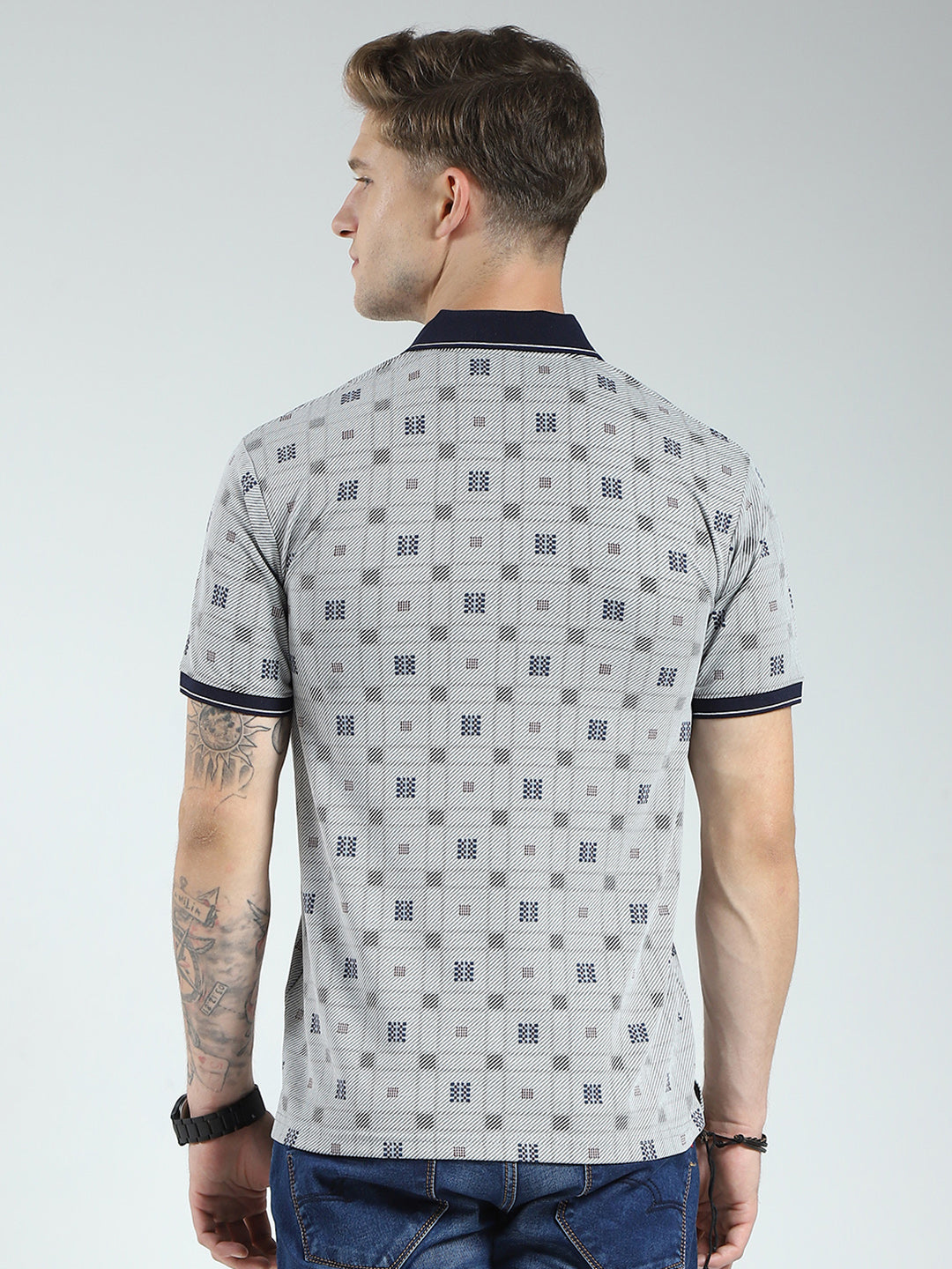 Men Grey Printed Collar Half Sleeve T-Shirt