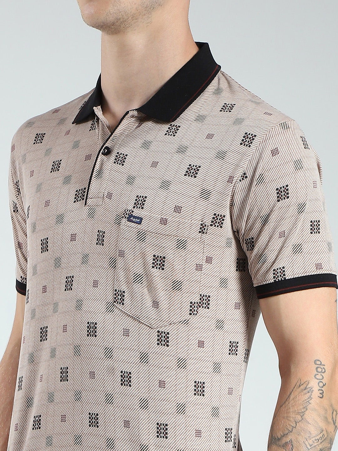 Men Beige Printed Collar Half Sleeve T-Shirt