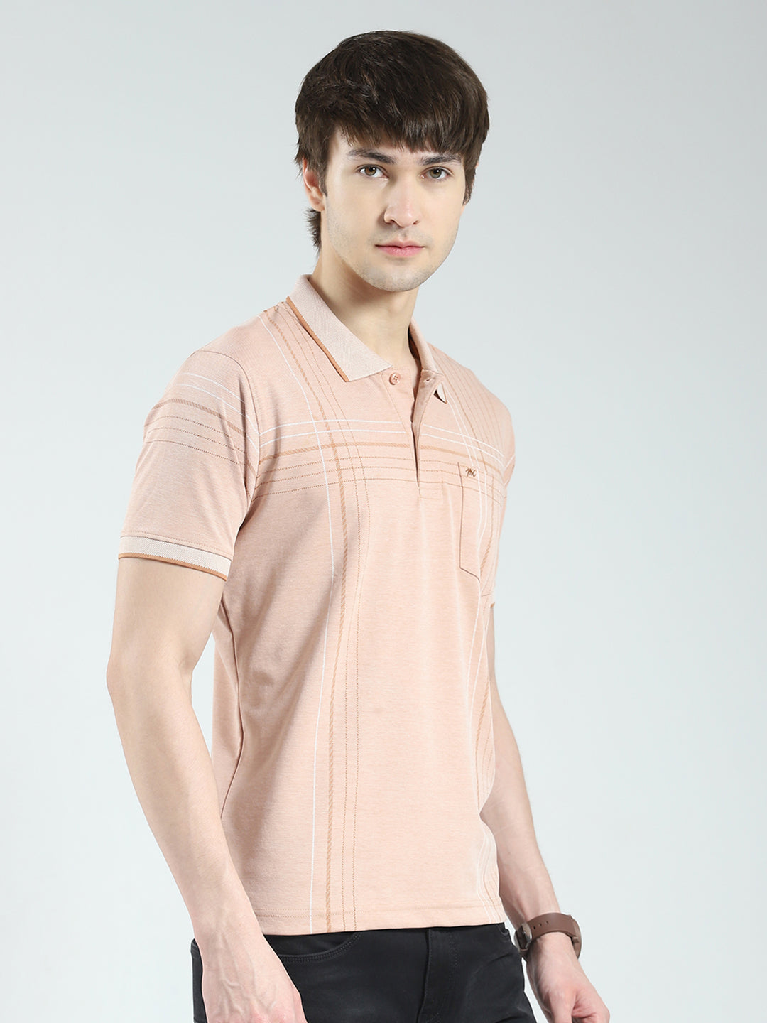 Men Peach Printed Collar Half Sleeve T-Shirt