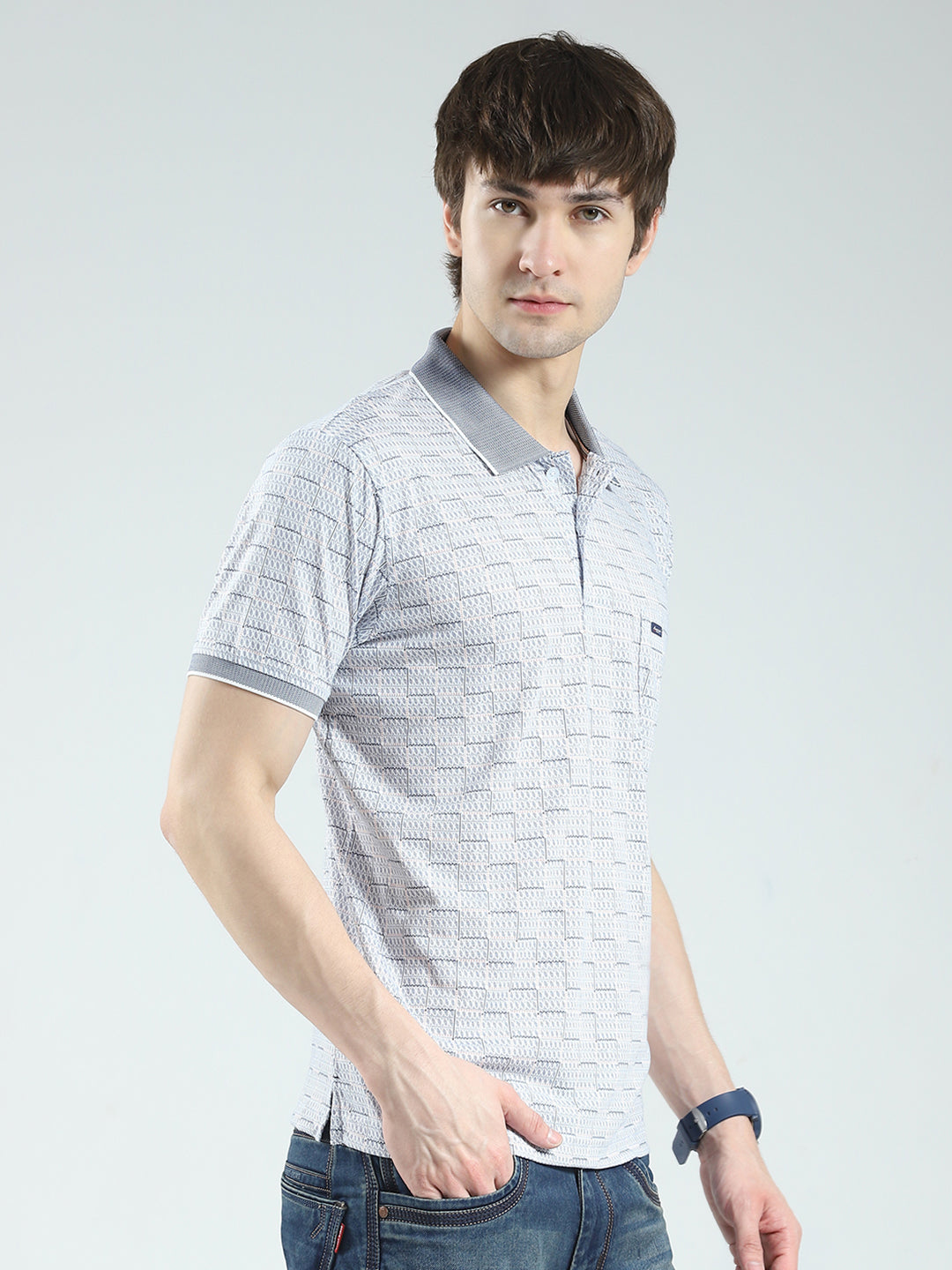 Men Grey Printed Collar Half Sleeve T-Shirt