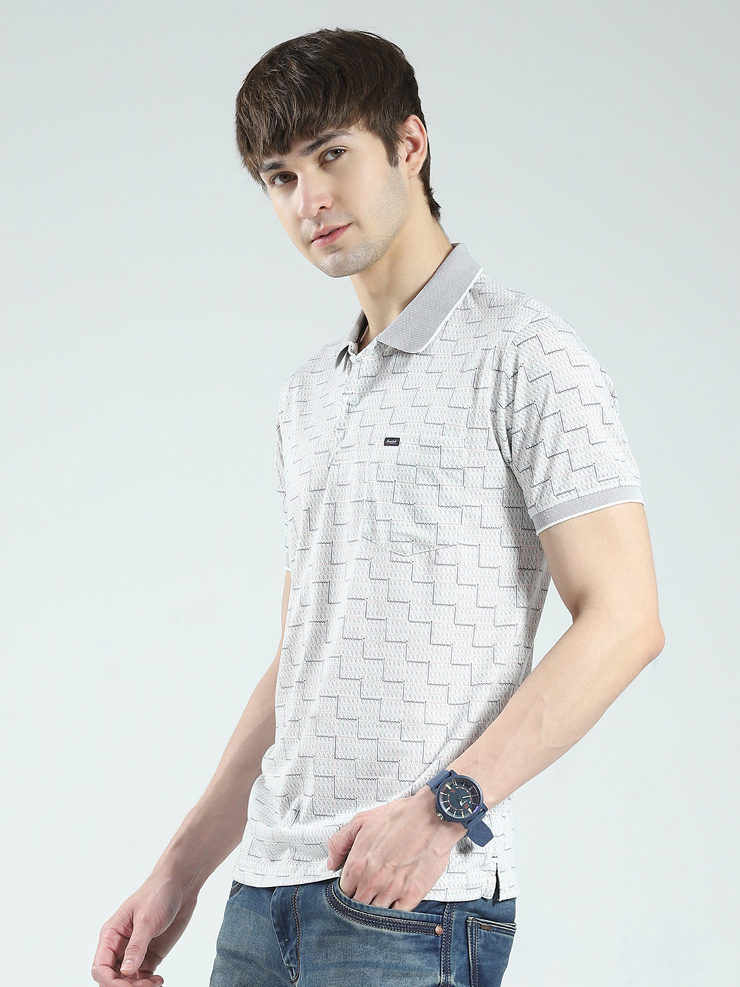 Men Grey Printed Collar Half Sleeve T-Shirt