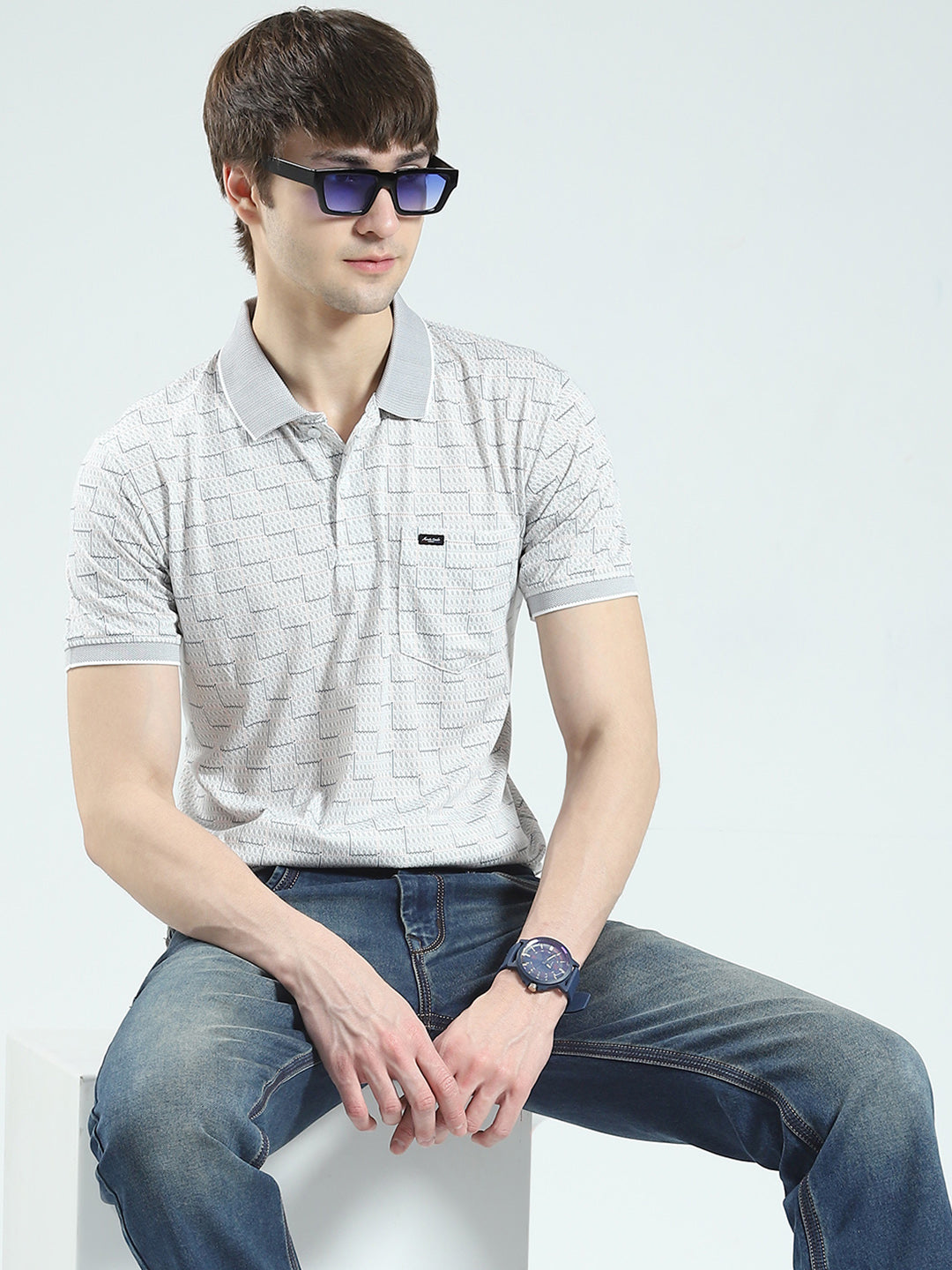 Men Grey Printed Collar Half Sleeve T-Shirt