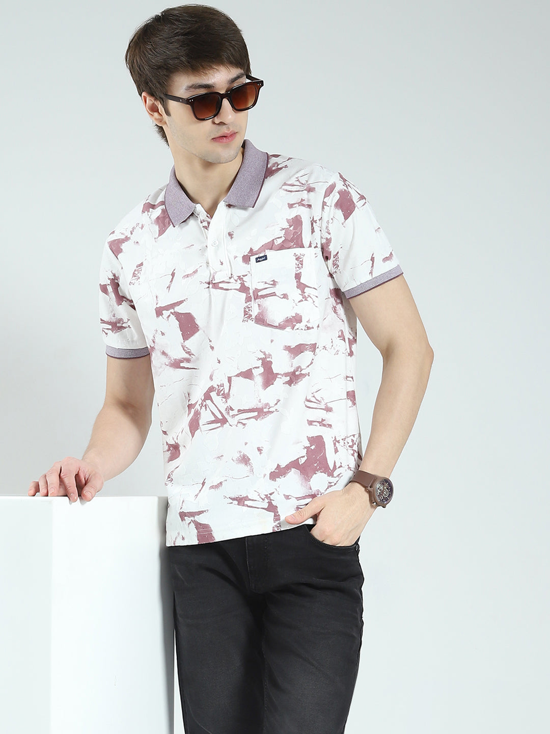 Men Pink Printed Collar Half Sleeve T-Shirt