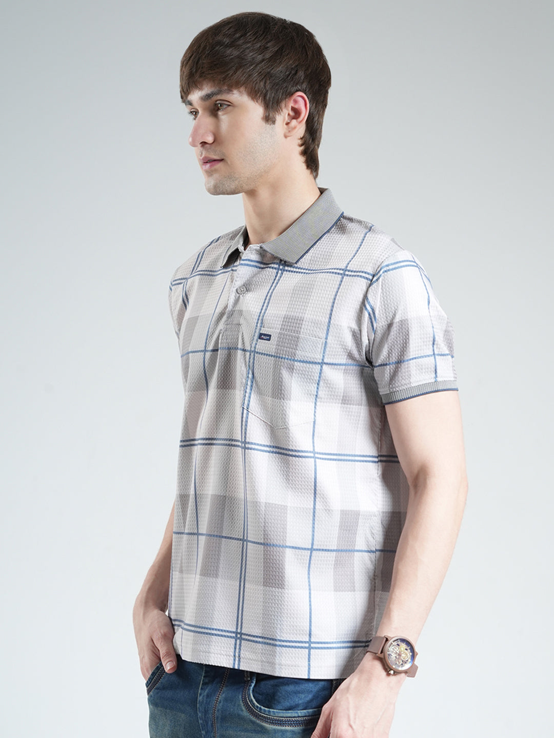 Men Grey Printed Collar Half Sleeve T-Shirt