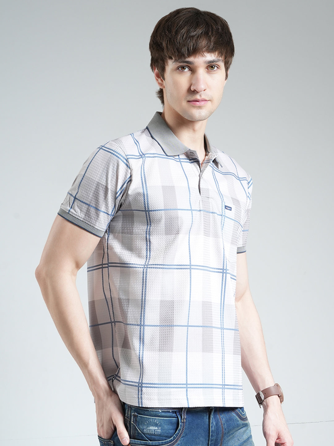 Men Grey Printed Collar Half Sleeve T-Shirt