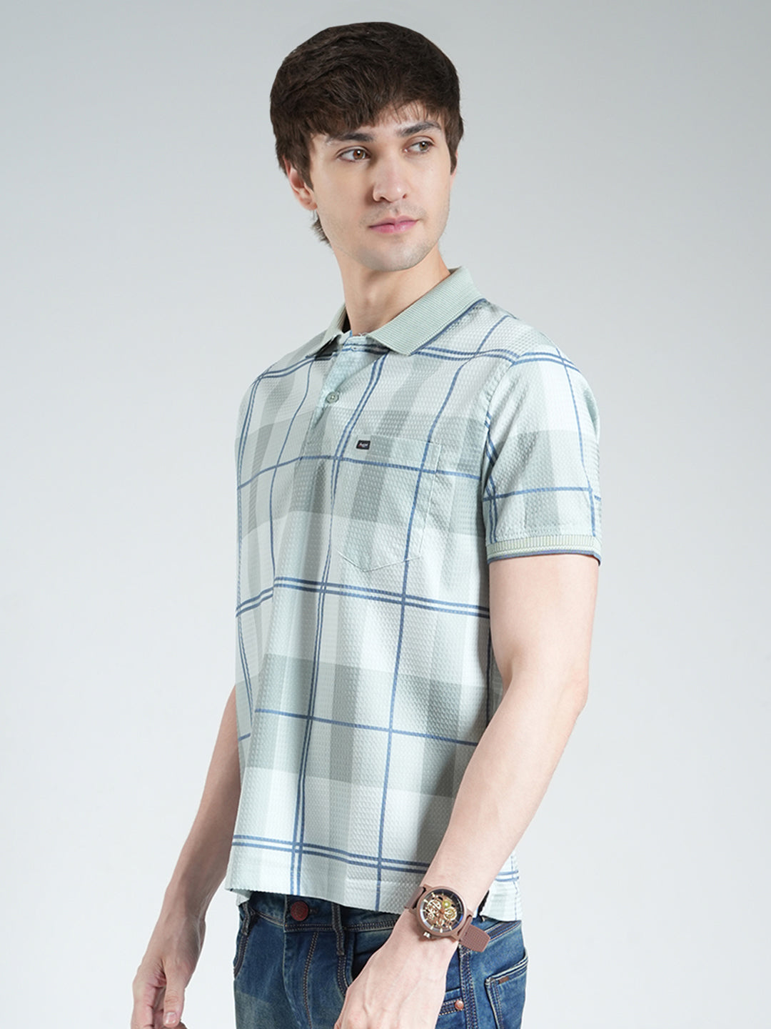 Men Green Printed Collar Half Sleeve T-Shirt