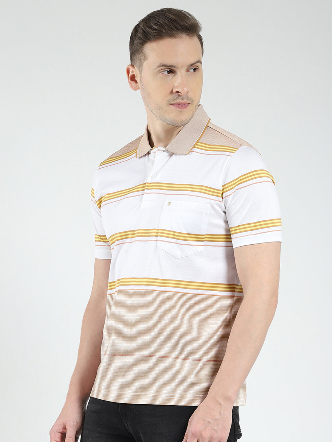 Luxuria Men Beige Stripe Collar Half Sleeve T-Shirt