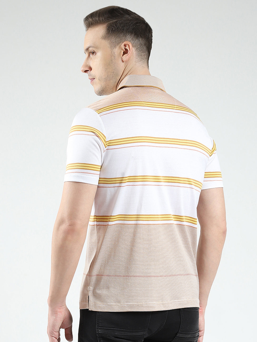 Luxuria Men Beige Stripe Collar Half Sleeve T-Shirt
