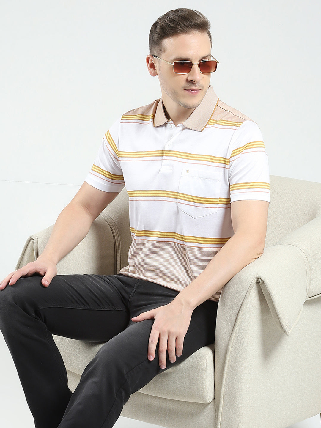 Luxuria Men Beige Stripe Collar Half Sleeve T-Shirt