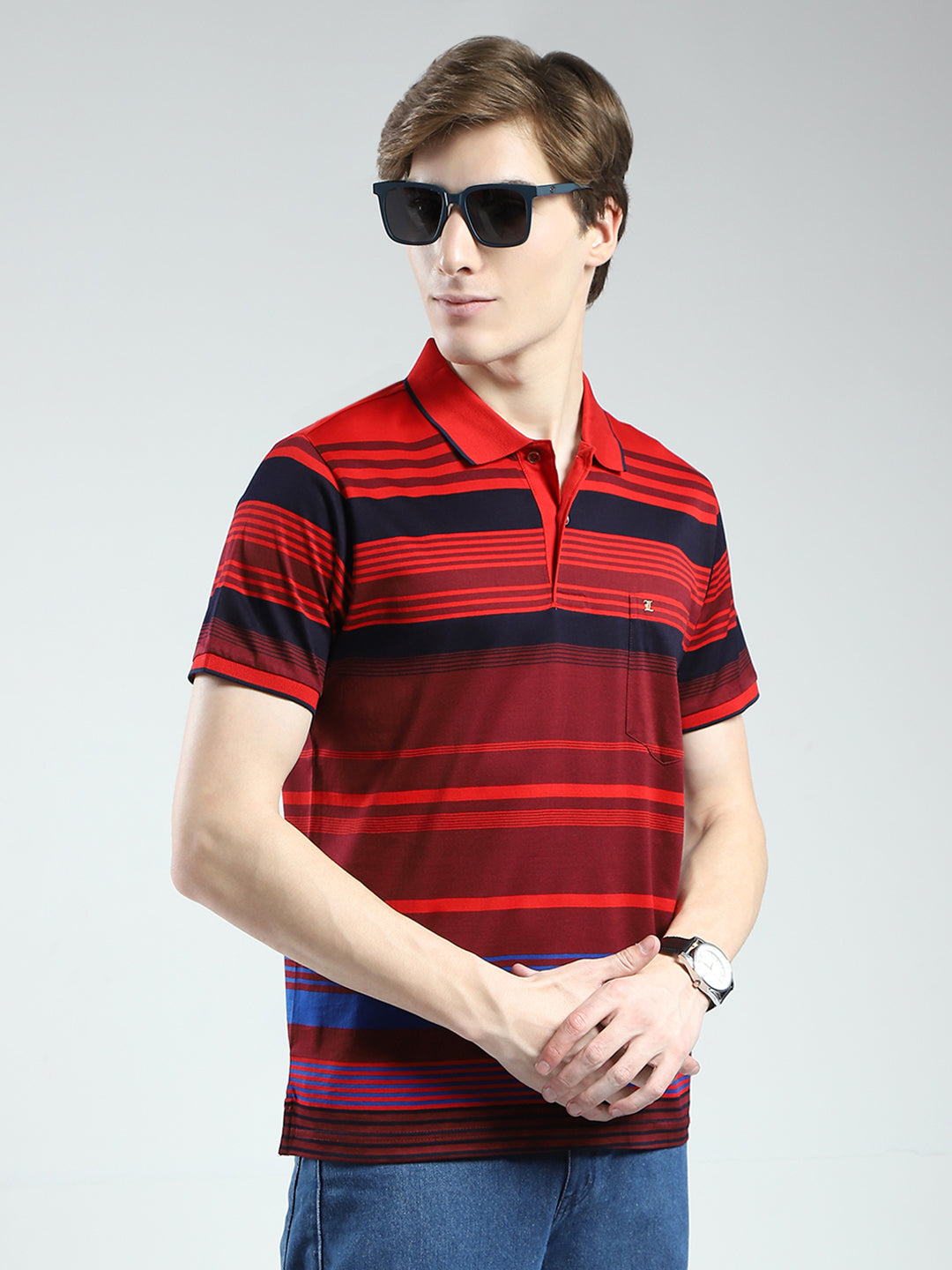 Luxuria Men Red Stripe Collar Half Sleeve T-Shirt