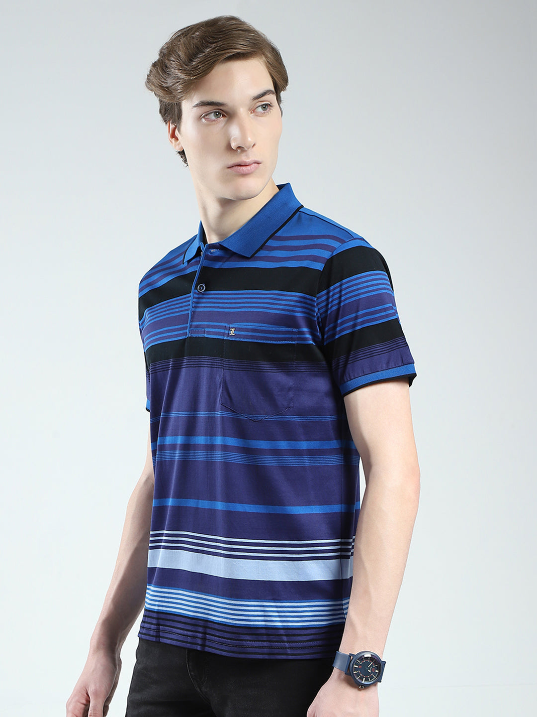 Luxuria Men Blue Stripe Collar Half Sleeve T-Shirt