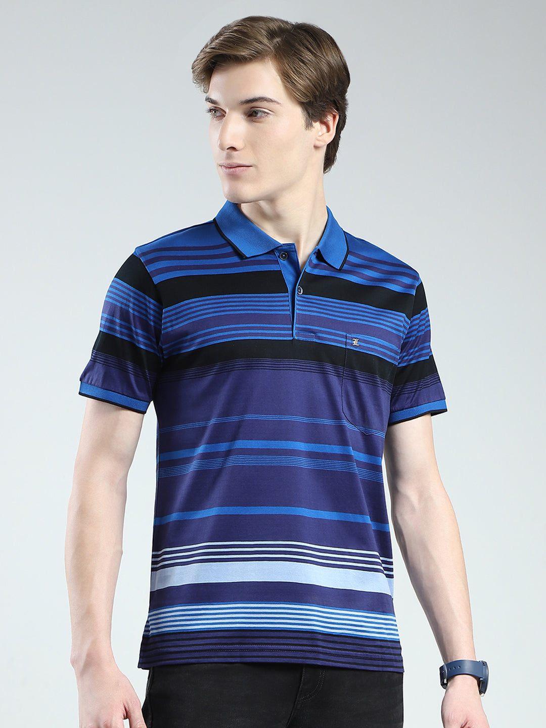 Luxuria Men Blue Stripe Collar Half Sleeve T-Shirt