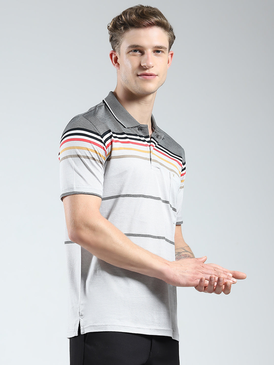 Luxuria Men Grey Stripe Collar Half Sleeve T-Shirt