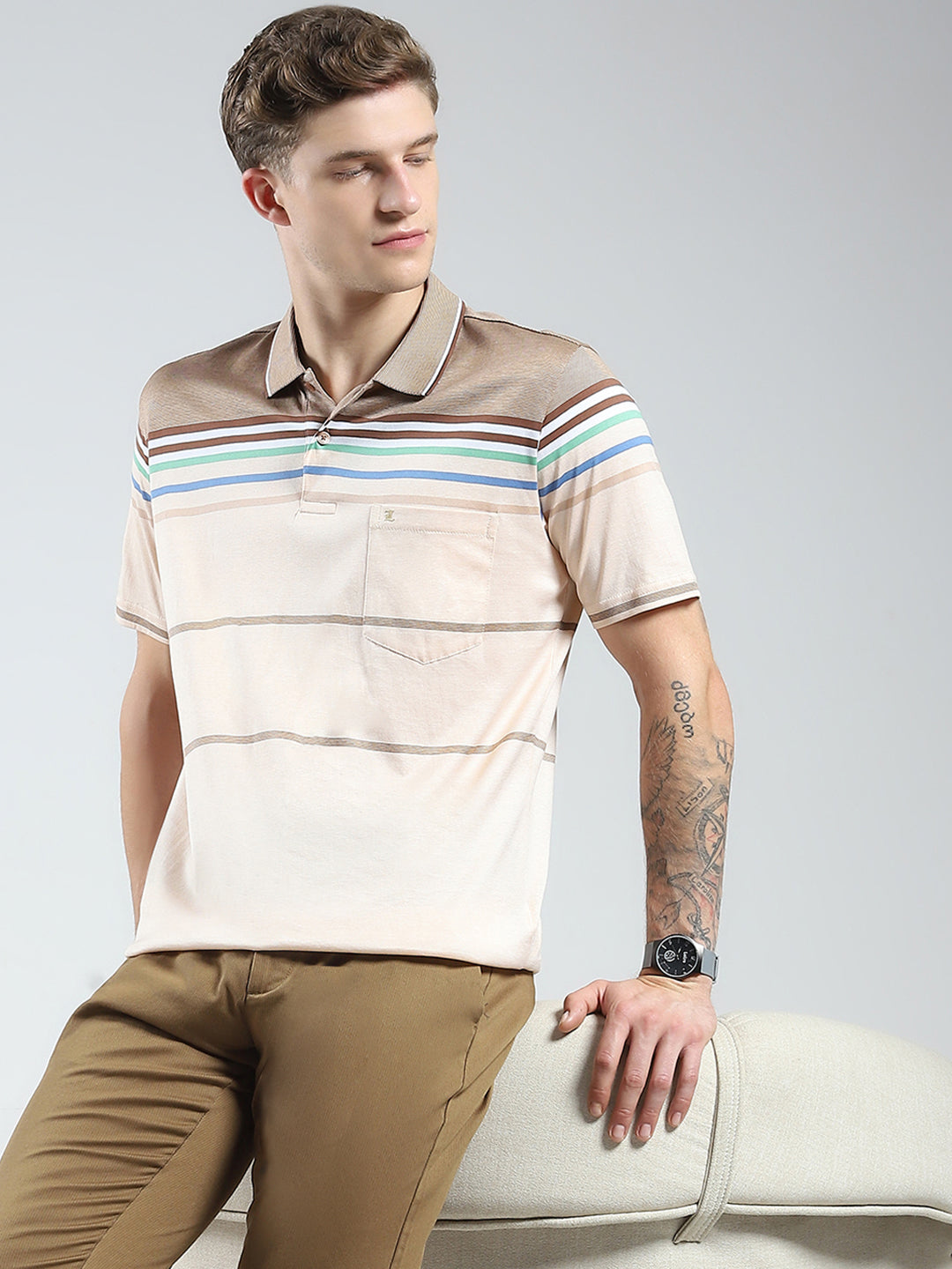 Luxuria Men Brown Stripe Collar Half Sleeve T-Shirt
