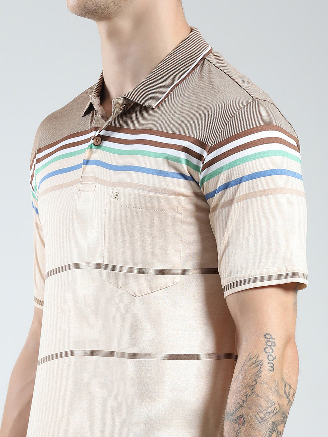 Luxuria Men Brown Stripe Collar Half Sleeve T-Shirt