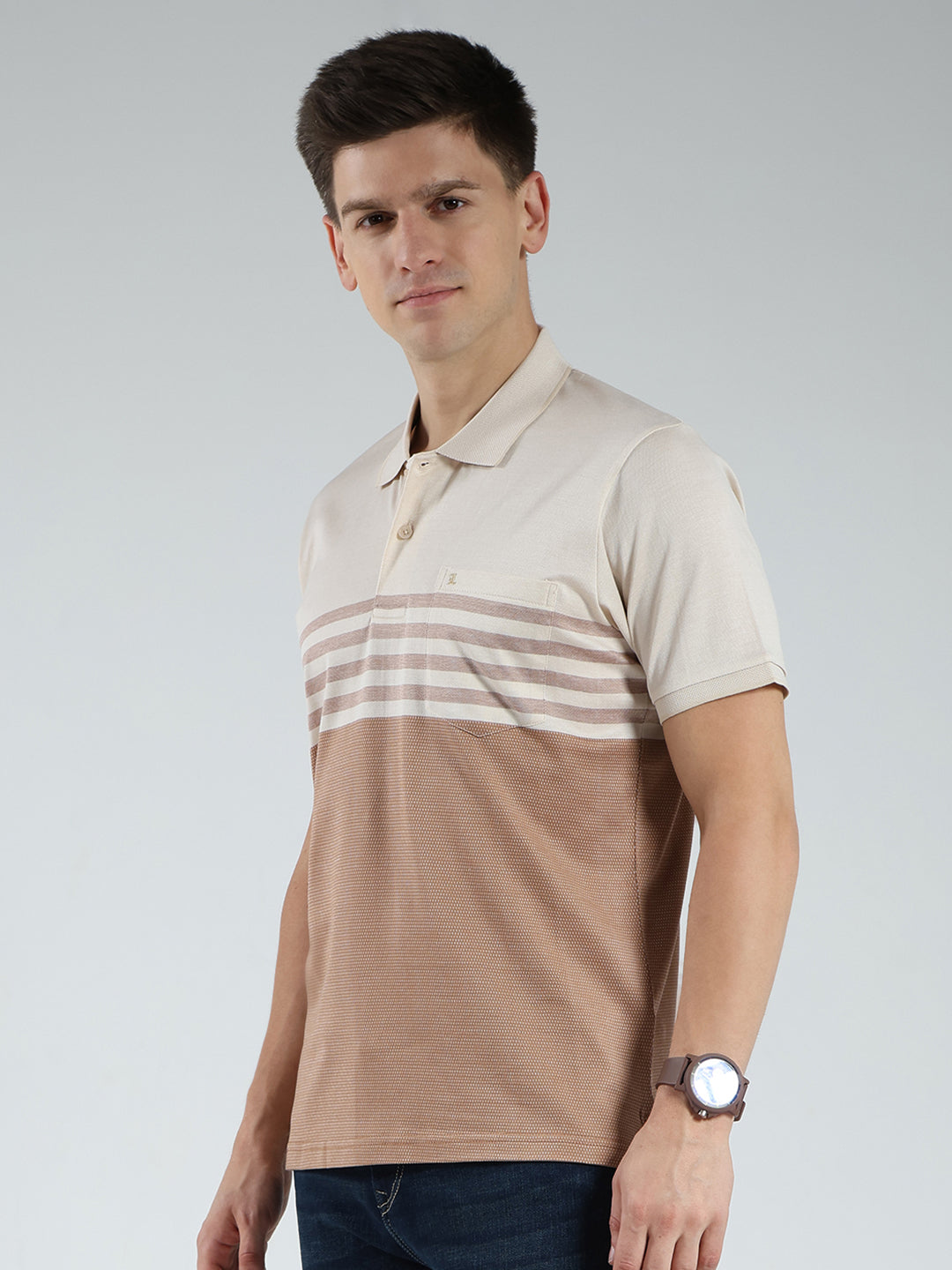 Luxuria Men Beige Stripe Collar Half Sleeve T-Shirt