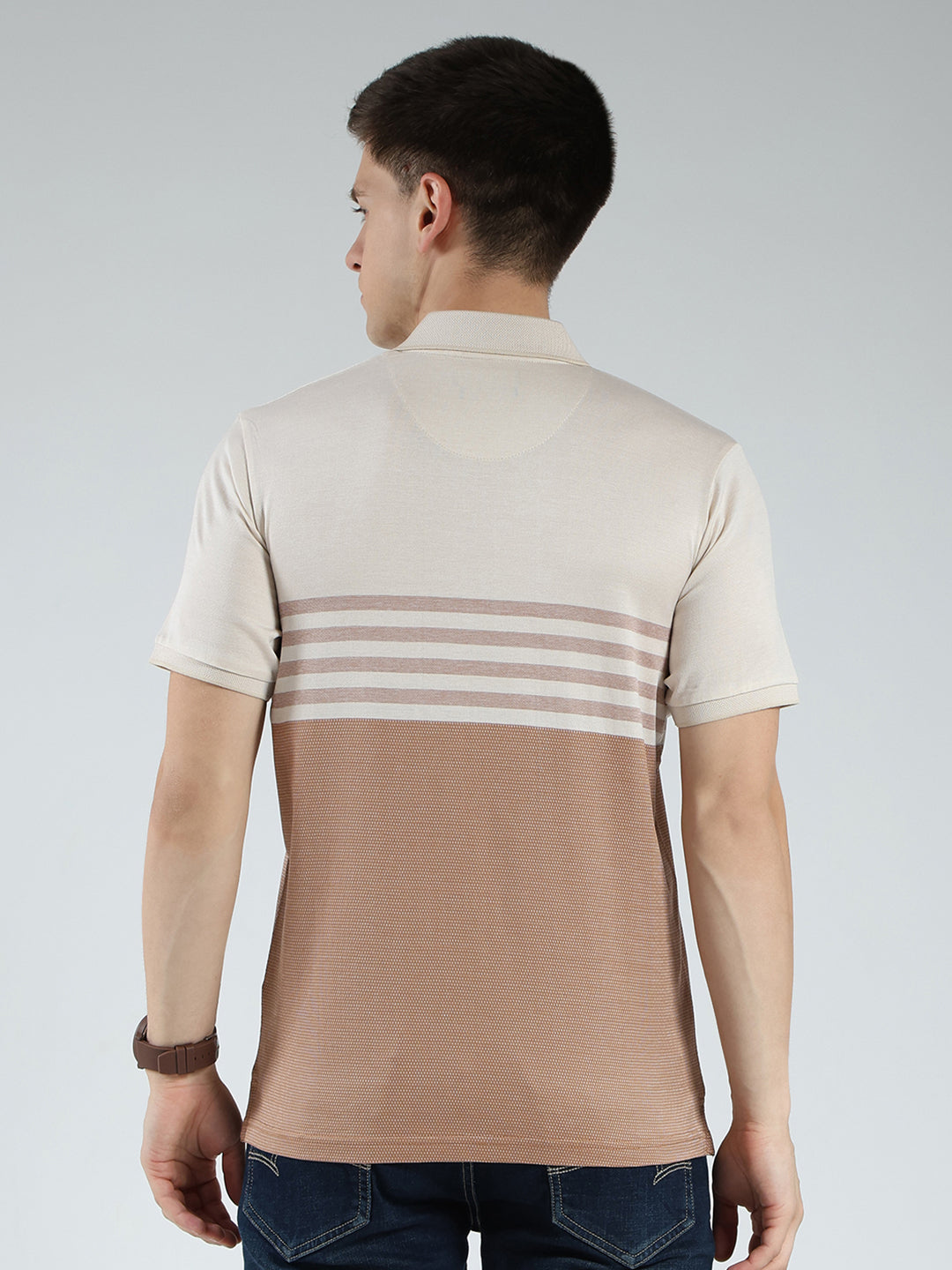 Luxuria Men Beige Stripe Collar Half Sleeve T-Shirt