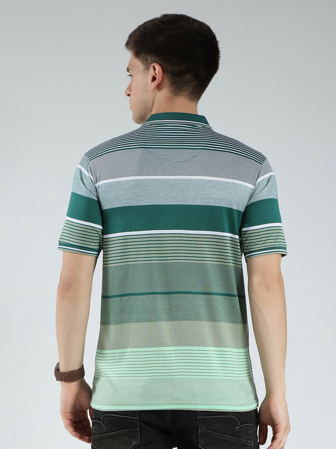 Luxuria Men Green Stripe Collar Half Sleeve T-Shirt