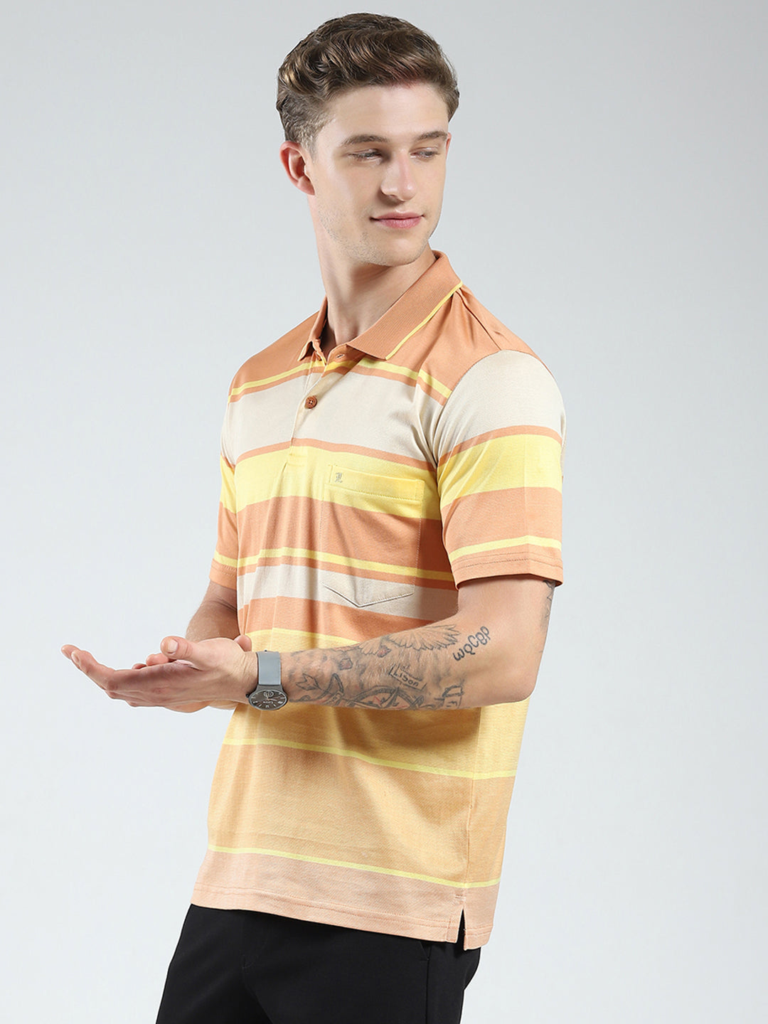 Luxuria Men Orange Stripe Collar Half Sleeve T-Shirt