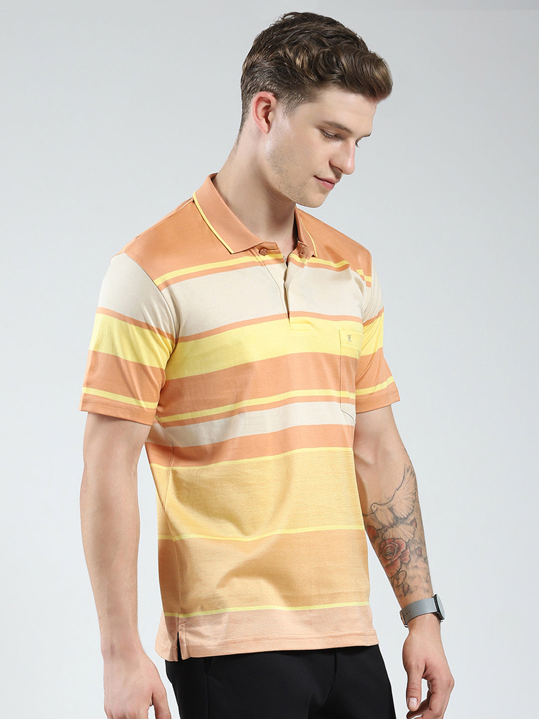 Luxuria Men Orange Stripe Collar Half Sleeve T-Shirt