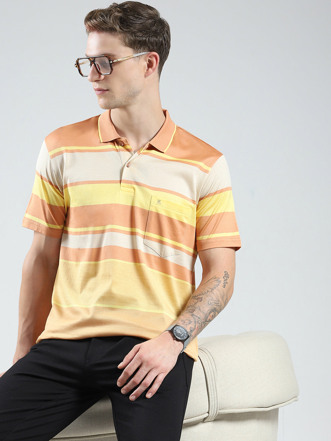 Luxuria Men Orange Stripe Collar Half Sleeve T-Shirt