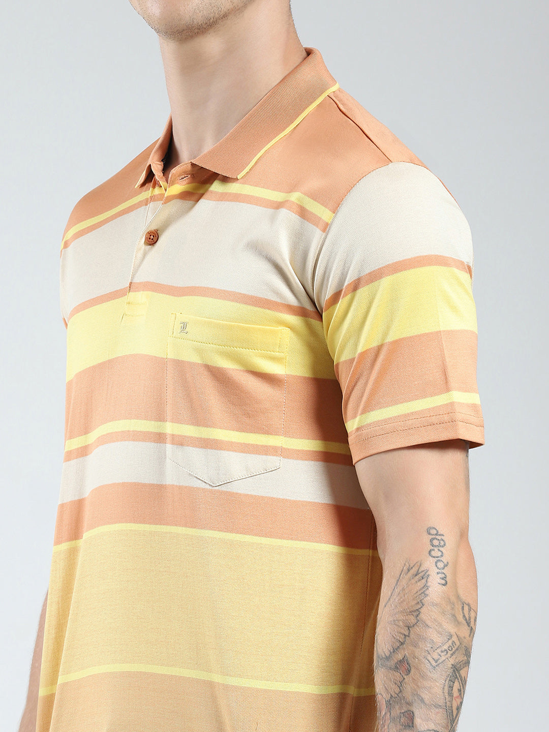 Luxuria Men Orange Stripe Collar Half Sleeve T-Shirt