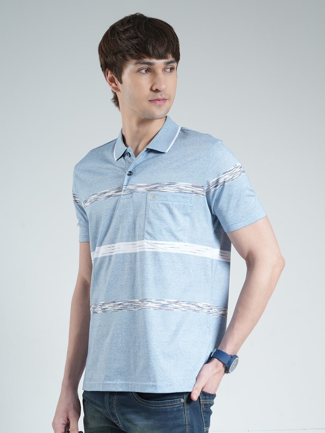 Luxuria Men Sky Blue Stripe Collar Half Sleeve T-Shirt
