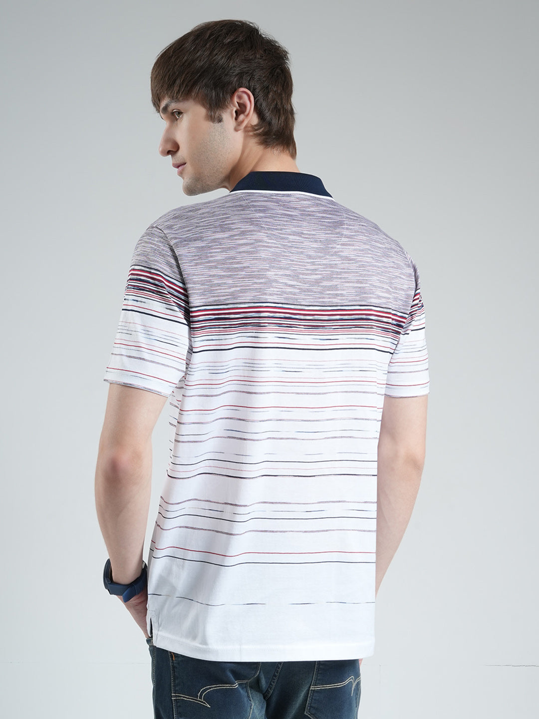 Luxuria Men Off White Stripe Collar Half Sleeve T-Shirt