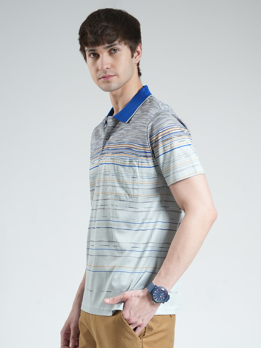 Luxuria Men Grey Stripe Collar Half Sleeve T-Shirt