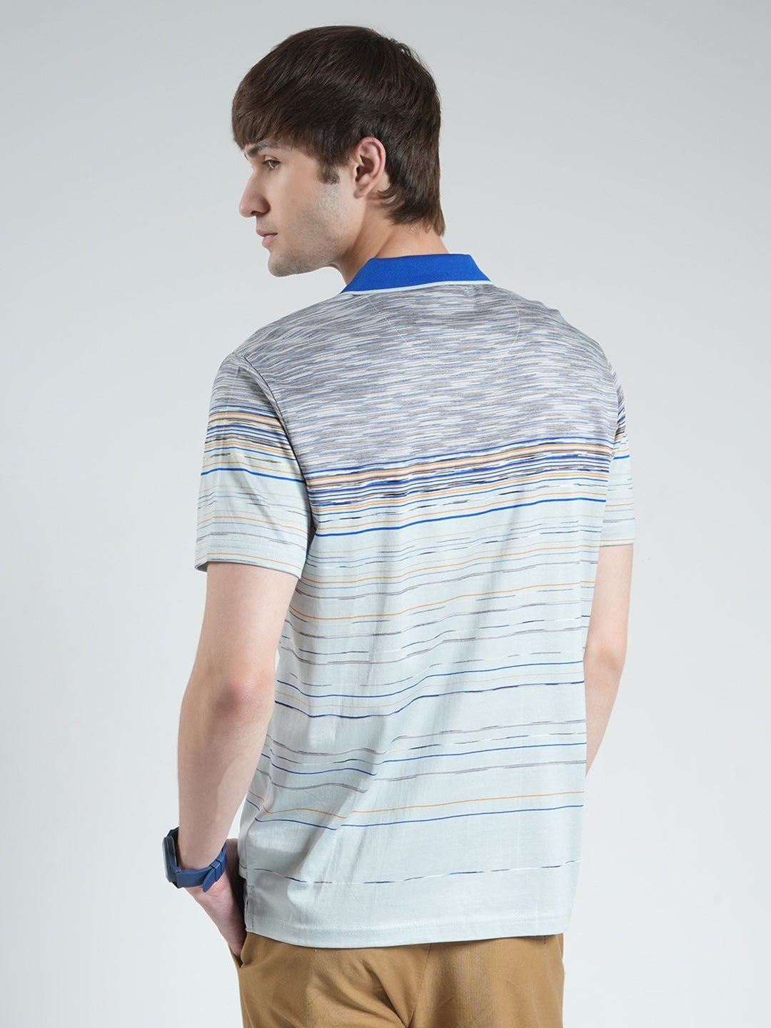 Luxuria Men Grey Stripe Collar Half Sleeve T-Shirt