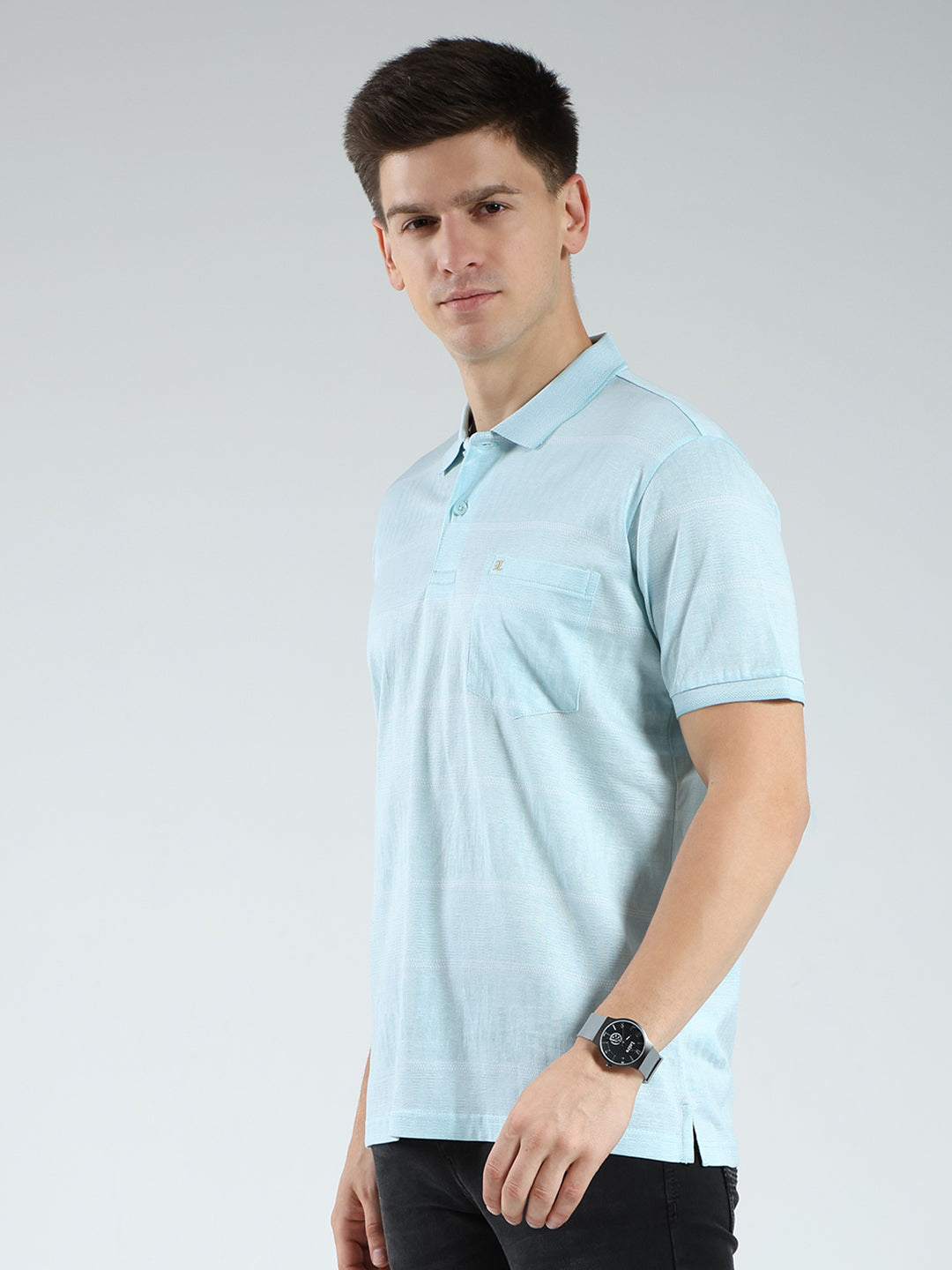 Luxuria Men Green Stripe Collar Half Sleeve T-Shirt