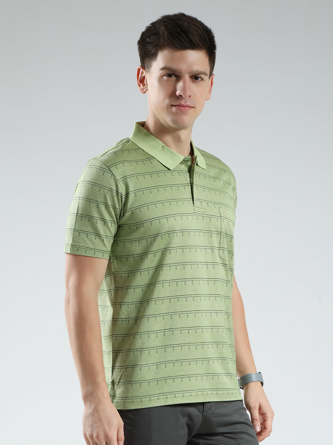 Luxuria Men Green Stripe Collar Half Sleeve T-Shirt