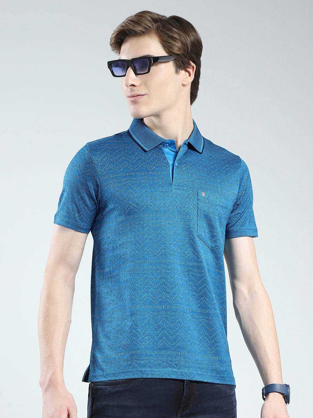 Luxuria Men Teal Blue Self Design Collar Half Sleeve T-Shirt